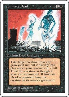 Animate Dead
 Enchant creature card in a graveyard
When Animate Dead enters the battlefield, if it's on the battlefield, it loses "enchant creature card in a graveyard" and gains "enchant creature put onto the battlefield with Animate Dead." Return enchanted creature card to the battlefield under your control and attach Animate Dead to it. When Animate Dead leaves the battlefield, that creature's controller sacrifices it.
Enchanted creature gets -1/-0.