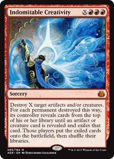 Indomitable Creativity
 Destroy X target artifacts and/or creatures. For each permanent destroyed this way, its controller reveals cards from the top of their library until an artifact or creature card is revealed and exiles that card. Those players put the exiled cards onto the battlefield, then shuffle.
