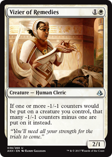 Vizier of Remedies
 If one or more -1/-1 counters would be put on a creature you control, that many -1/-1 counters minus one are put on it instead.
