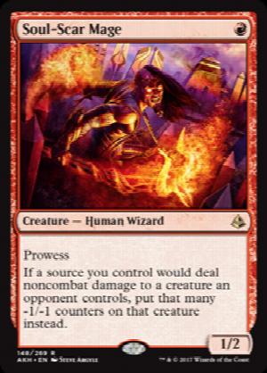 Soul-Scar Mage
 Prowess
If a source you control would deal noncombat damage to a creature an opponent controls, put that many -1/-1 counters on that creature instead.