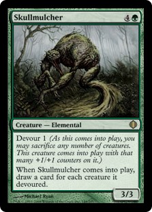 Skullmulcher
 Devour 1 (As this enters the battlefield, you may sacrifice any number of creatures. This creature enters the battlefield with that many +1/+1 counters on it.)
When Skullmulcher enters the battlefield, draw a card for each creature it devoured.