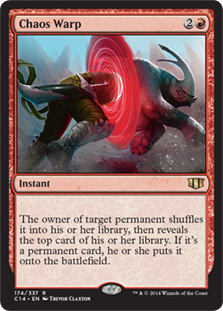 Chaos Warp
 The owner of target permanent shuffles it into their library, then reveals the top card of their library. If it's a permanent card, they put it onto the battlefield.
