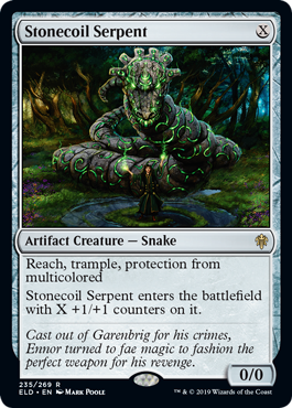 Stonecoil Serpent
 Reach, trample, protection from multicolored
Stonecoil Serpent enters the battlefield with X +1/+1 counters on it.