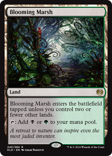Blooming Marsh
 Blooming Marsh enters the battlefield tapped unless you control two or fewer other lands.
{T}: Add {B} or {G}.