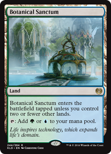 Botanical Sanctum
 Botanical Sanctum enters the battlefield tapped unless you control two or fewer other lands.
{T}: Add {G} or {U}.