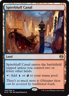 Spirebluff Canal
 Spirebluff Canal enters the battlefield tapped unless you control two or fewer other lands.
{T}: Add {U} or {R}.