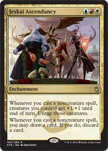 Jeskai Ascendancy
 Whenever you cast a noncreature spell, creatures you control get +1/+1 until end of turn. Untap those creatures.
Whenever you cast a noncreature spell, you may draw a card. If you do, discard a card.