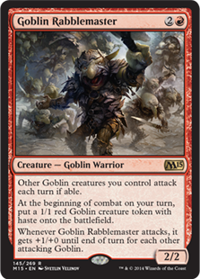 Goblin Rabblemaster
 Other Goblin creatures you control attack each combat if able.
At the beginning of combat on your turn, create a 1/1 red Goblin creature token with haste.
Whenever Goblin Rabblemaster attacks, it gets +1/+0 until end of turn for each other attacking Goblin.