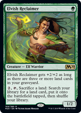Elvish Reclaimer
 Elvish Reclaimer gets +2/+2 as long as there are three or more land cards in your graveyard.
{2}, {T}, Sacrifice a land: Search your library for a land card, put it onto the battlefield tapped, then shuffle.