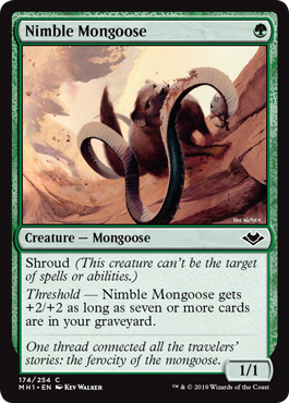 Nimble Mongoose
 Shroud (This creature can't be the target of spells or abilities.)
Threshold — Nimble Mongoose gets +2/+2 as long as seven or more cards are in your graveyard.