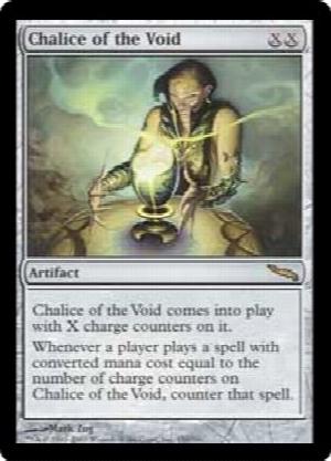 Chalice of the Void
 Chalice of the Void enters the battlefield with X charge counters on it.
Whenever a player casts a spell with mana value equal to the number of charge counters on Chalice of the Void, counter that spell.