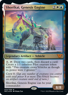 Shorikai, Genesis Engine
 {1}, {T}: Draw two cards, then discard a card. Create a 1/1 colorless Pilot creature token with "This creature crews Vehicles as though its power were 2 greater."
Crew 8 (Tap any number of creatures you control with total power 8 or more: This Vehicle becomes an artifact creature until end of turn.)
Shorikai, Genesis Engine can be your commander.