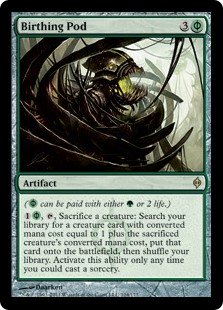 Birthing Pod
 ({G/P} can be paid with either {G} or 2 life.)
{1}{G/P}, {T}, Sacrifice a creature: Search your library for a creature card with mana value equal to 1 plus the sacrificed creature's mana value, put that card onto the battlefield, then shuffle. Activate only as a sorcery.
