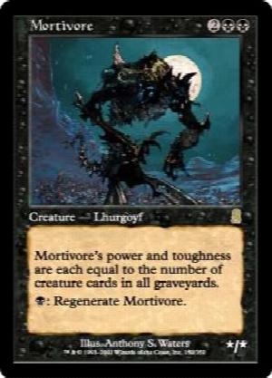Mortivore
 Mortivore's power and toughness are each equal to the number of creature cards in all graveyards.
{B}: Regenerate Mortivore.