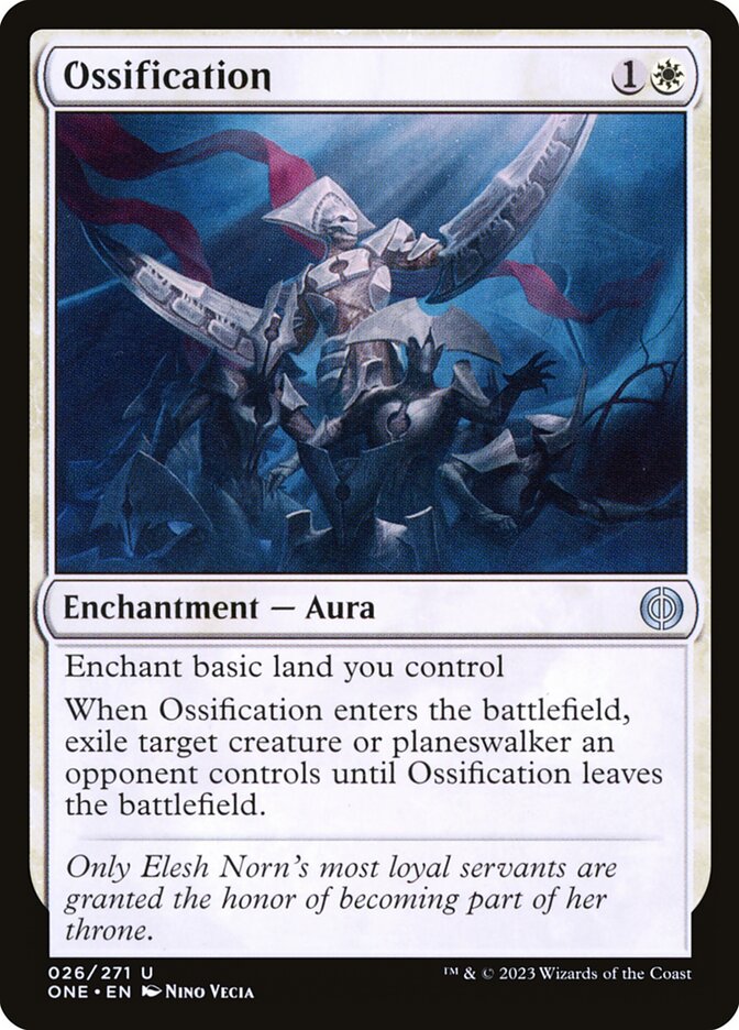 Ossification
 Enchant basic land you control
When Ossification enters the battlefield, exile target creature or planeswalker an opponent controls until Ossification leaves the battlefield.