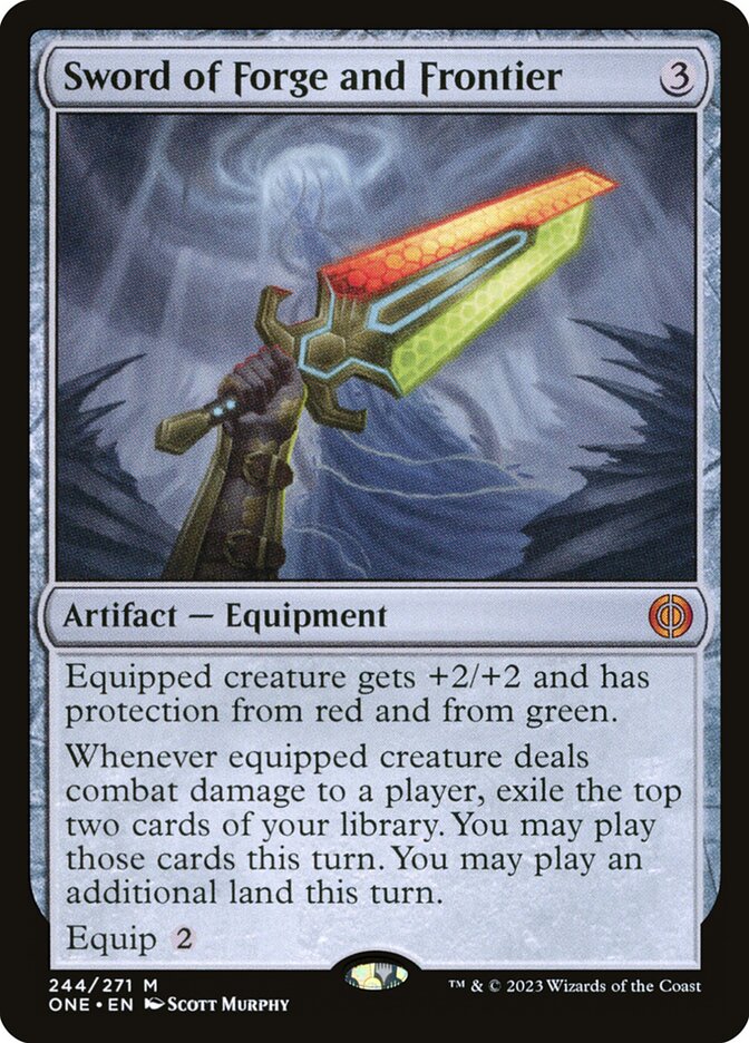 Sword of Forge and Frontier
 Equipped creature gets +2/+2 and has protection from red and from green.
Whenever equipped creature deals combat damage to a player, exile the top two cards of your library. You may play those cards this turn. You may play an additional land this turn.
Equip {2}