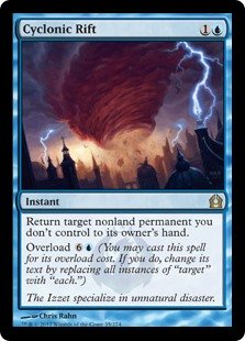 Cyclonic Rift
 Return target nonland permanent you don't control to its owner's hand.
Overload {6}{U} (You may cast this spell for its overload cost. If you do, change its text by replacing all instances of "target" with "each.")