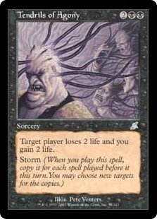 Tendrils of Agony
 Target player loses 2 life and you gain 2 life.
Storm (When you cast this spell, copy it for each spell cast before it this turn. You may choose new targets for the copies.)