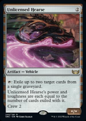 Unlicensed Hearse
 {T}: Exile up to two target cards from a single graveyard.
Unlicensed Hearse's power and toughness are each equal to the number of cards exiled with it.
Crew 2