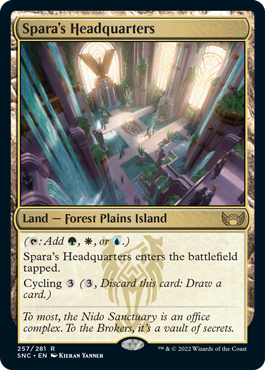 Spara's Headquarters
 ({T}: Add {G}, {W}, or {U}.)
Spara's Headquarters enters the battlefield tapped.
Cycling {3} ({3}, Discard this card: Draw a card.)