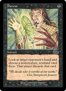 Duress
 Target opponent reveals their hand. You choose a noncreature, nonland card from it. That player discards that card.