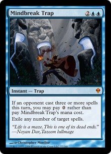Mindbreak Trap
 If an opponent cast three or more spells this turn, you may pay {0} rather than pay this spell's mana cost.
Exile any number of target spells.