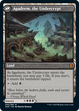 Agadeem, the Undercrypt
 Return from your graveyard to the battlefield any number of target creature cards that each have a different mana value X or less.