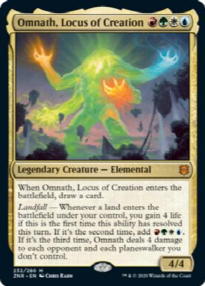 Omnath, Locus of Creation
 When Omnath, Locus of Creation enters the battlefield, draw a card.
Landfall — Whenever a land enters the battlefield under your control, you gain 4 life if this is the first time this ability has resolved this turn. If it's the second time, add {R}{G}{W}{U}. If it's the third time, Omnath deals 4 damage to each opponent and each planeswalker you don't control.