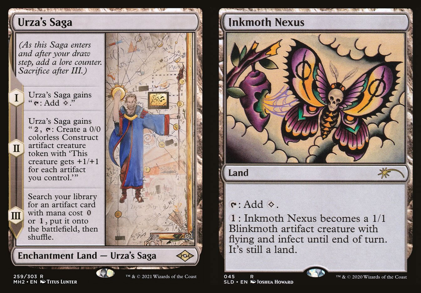 Two of the key cards of this archetype: Inkmonth Nexus and Urza's Saga