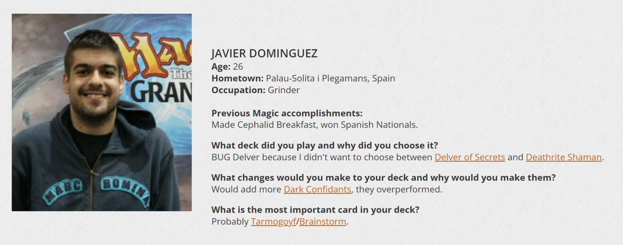 Javier Dominguéz Featured at Wizards Site as part of the GP Paris 2014 Top 8